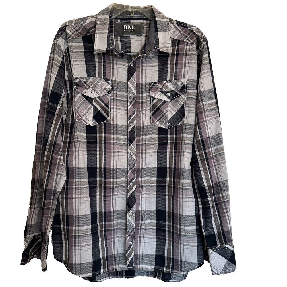 BKE Buckle Plaid Shirt XL Pearl Snap Button Western Blue/Grey/Purple CLEAN